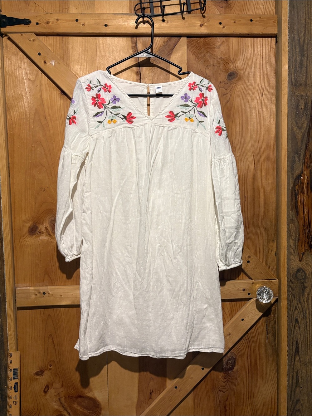 Old Navy White Long Sleeve V-Neck Dress with Colorful Floral Embroidery
